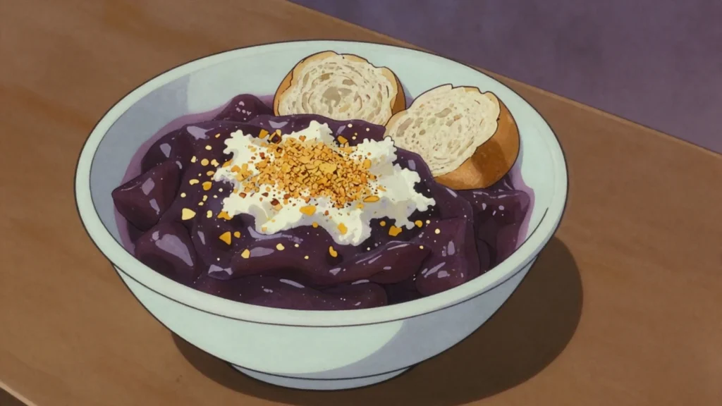 Ube Halaya, purple-yam jam eaten straight or crowning halo-halo, Philippines dessert, anime style