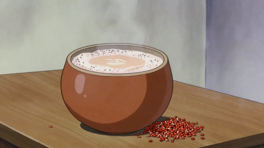 Ubushera, lightly soured sorghum drink, sweet and grainy, given to children too, Rwanda drink, anime style