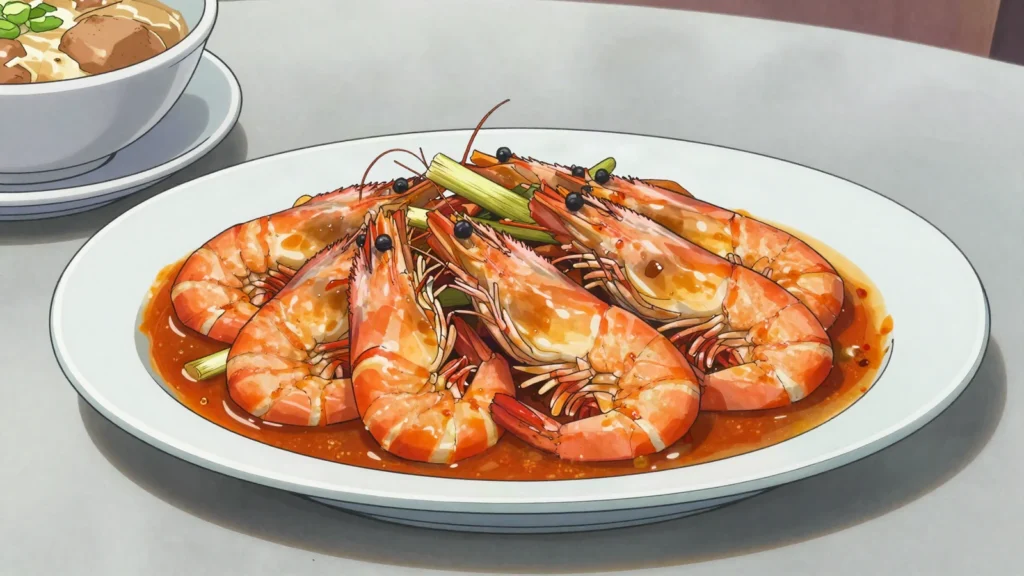 Udang Sambal Serai Bersantan, prawns cooked in coconut milk with lemongrass and chilli paste, Brunei main, anime style