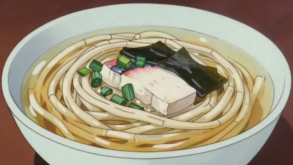 Udon, thick chewy wheat noodles in hot dashi broth or chilled with dipping sauce, Japan main, anime style