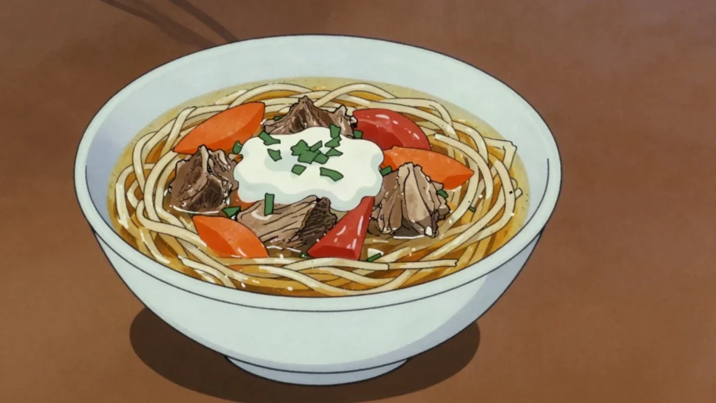 Ugro, hand-cut thin noodles simmered in meat broth with herbs and sour milk, Tajikistan soup & stew, anime style
