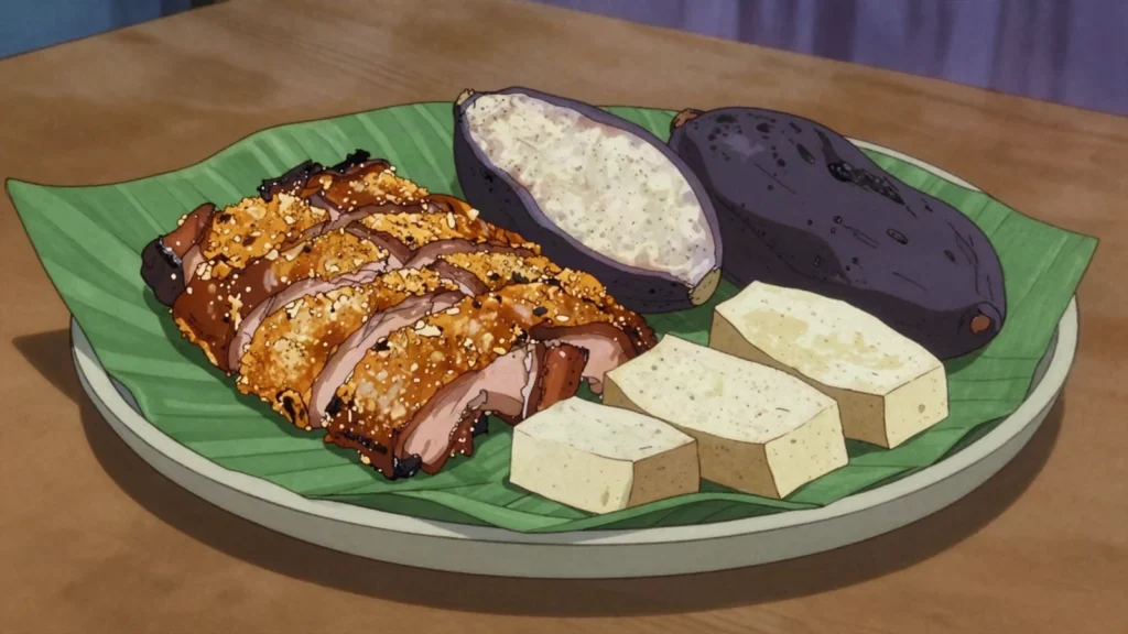 Uhmw, earth oven of hot stones baking pig, taro, yam and breadfruit, Micronesia main, anime style
