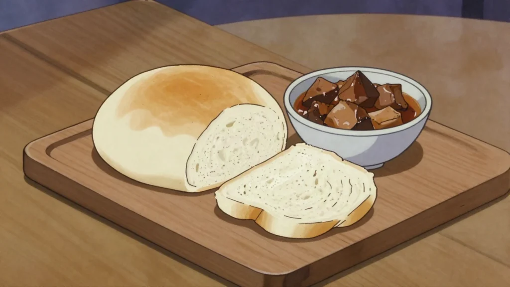 Ujeqe, soft steamed bread cooked in a pot, torn and dipped into stew, South Africa bread & pastry, anime style