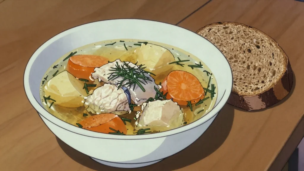Ukha, clear fish soup with potato and dill, Russia soup & stew, anime style