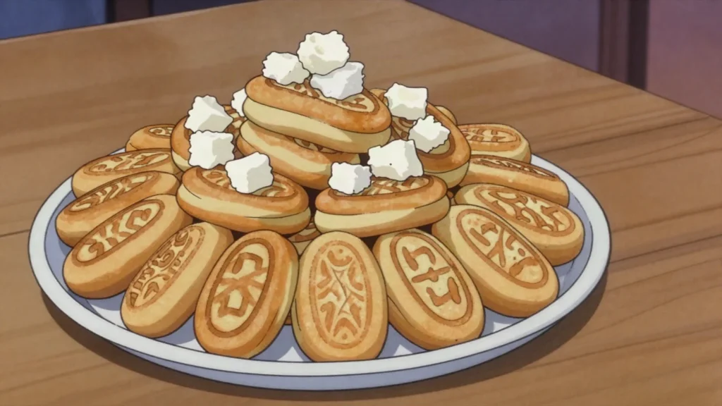 Ul Boov, sole-shaped fried cakes stacked into a tower and topped with cream and sweets, Mongolia bread & pastry, anime style