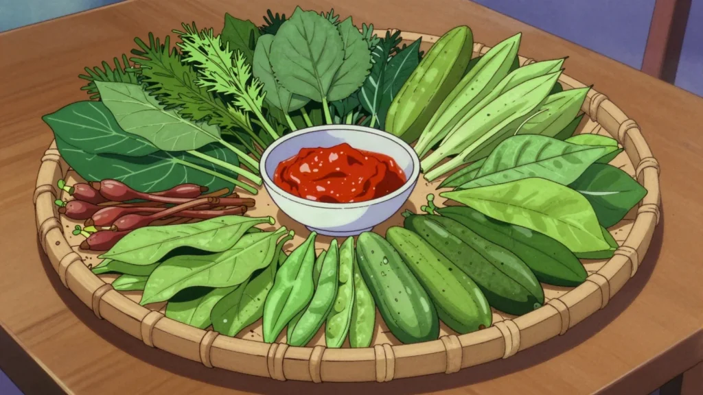 Ulam, platter of raw jungle leaves and shoots eaten with sambal and rice, Malaysia salad & side, anime style
