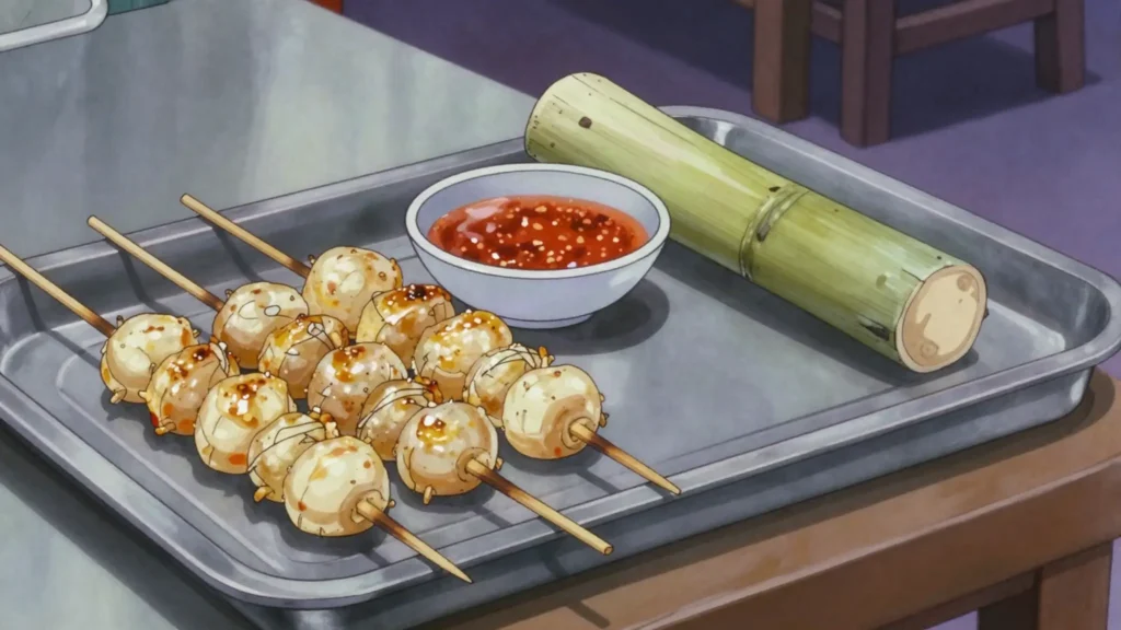 Ulat Sagu, live sago palm grubs eaten raw or skewered and grilled, rich and buttery, Indonesia snack, anime style
