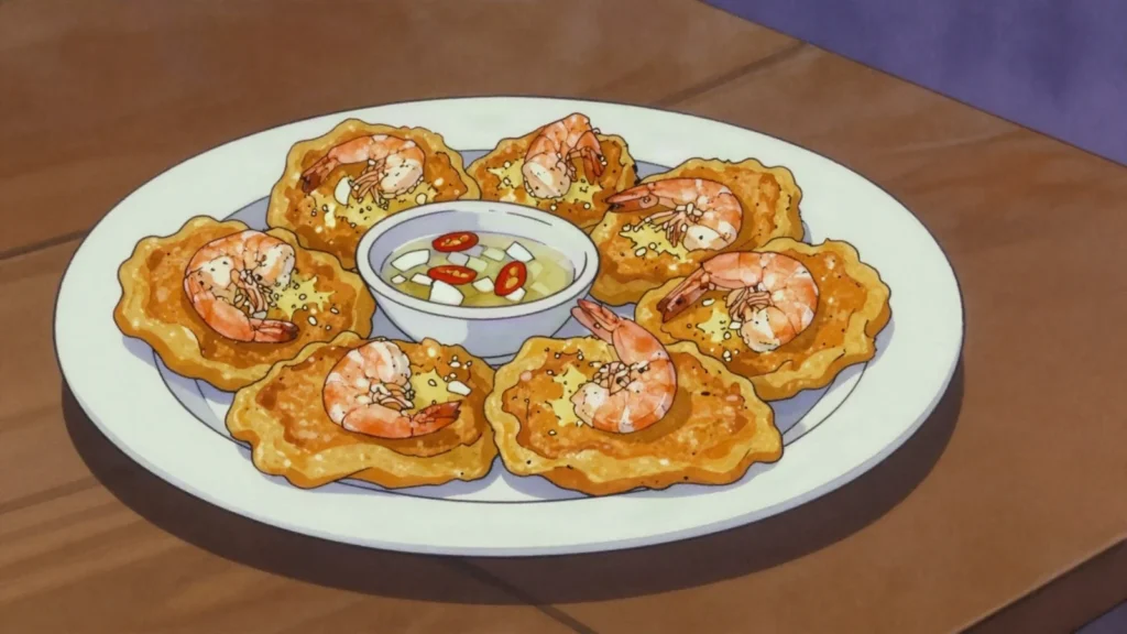 Ulkoy, crisp fritters of grated squash and whole small shrimp, fried and eaten by hand, Palau snack, anime style