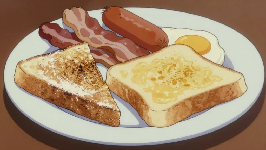 Ulster fry, fried bacon, egg, sausage, soda farl and potato bread, Ireland breakfast, anime style