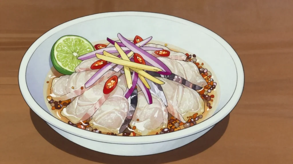 Umai, raw fish sliced thin and dressed with lime, onion, chilli and salt, Malaysia salad & side, anime style