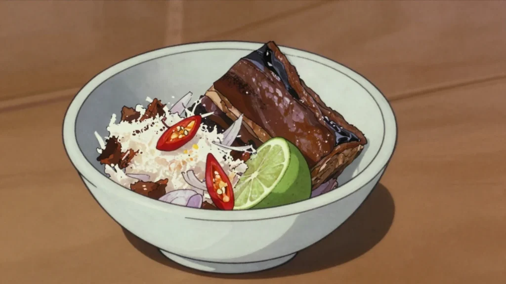 Umbalakada, rock-hard smoked and dried tuna, grated into sambols and curries for, Sri Lanka charcuterie & cured, anime style