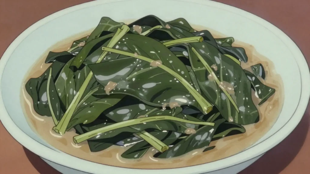 Umbhidvo wetintsanga, young pumpkin leaves cooked with groundnuts, Eswatini salad & side, anime style