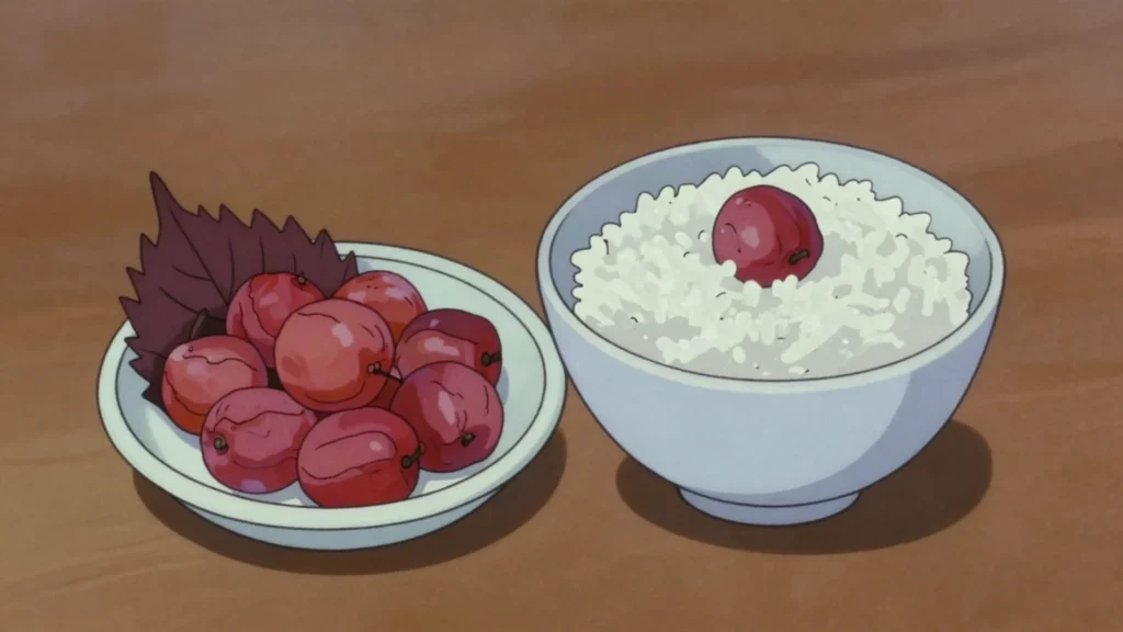 Umeboshi, fiercely sour salt-pickled plums dyed red with shiso, one per rice box, Japan fermented & pickled, anime style