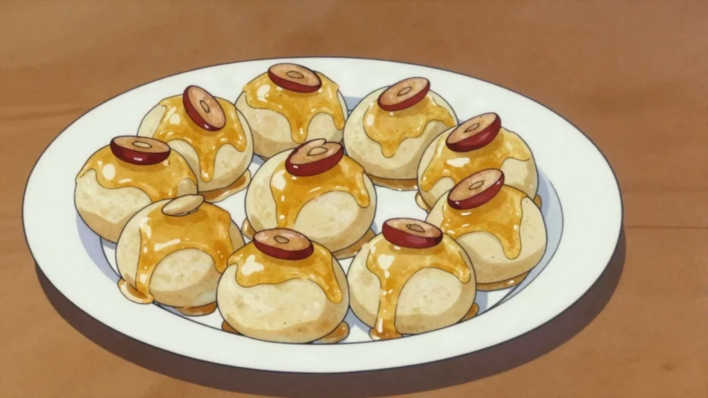 Umegi, kaesong fried rice-cake balls glazed with syrup, a holiday sweet, North Korea dessert, anime style