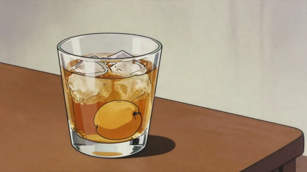 Umeshu, green ume plums steeped with rock sugar in spirit, sweet and tart, Japan wine & spirit, anime style
