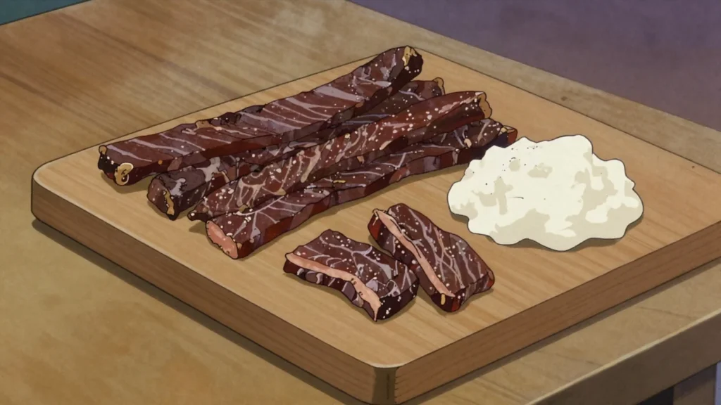 Umncweba, salted sun-dried meat, the Swazi biltong, Eswatini charcuterie & cured, anime style