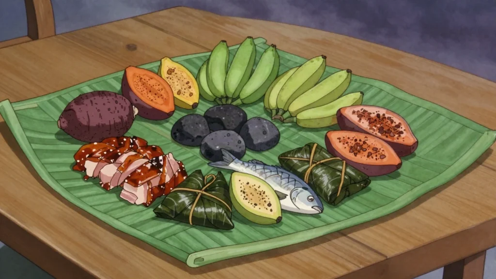 Umu, above-ground oven of hot volcanic stones cooking pork, taro and fish, Samoa main, anime style