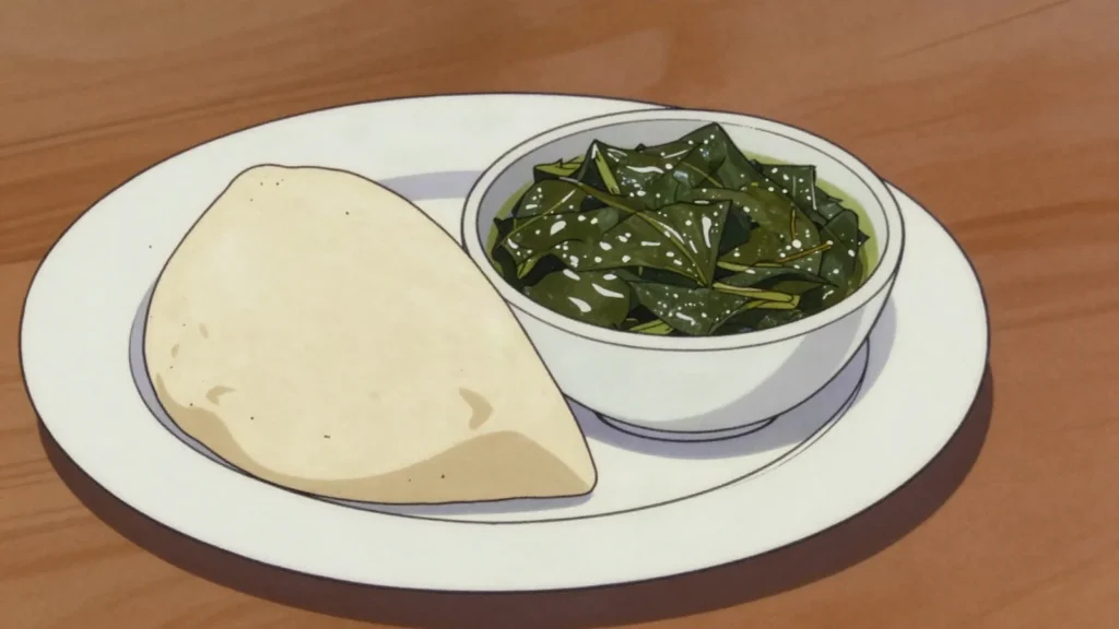 Umutsima, dough of cassava and maize flour, stiffer and paler than ubugali, Rwanda main, anime style