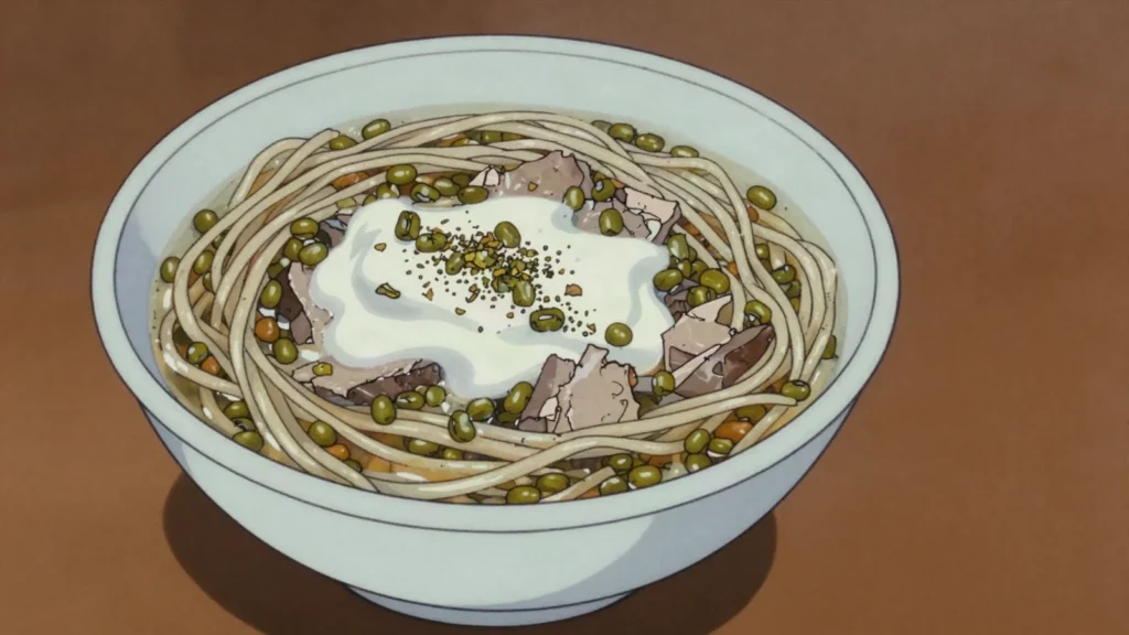 Unash, thin homemade noodles in meat or bean broth, Turkmenistan soup & stew, anime style