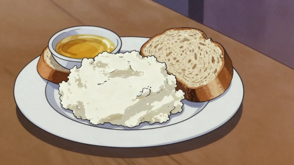 Urda, soft whey cheese, mild and fresh, spread on bread or baked in pies, North Macedonia cheese & dairy, anime style