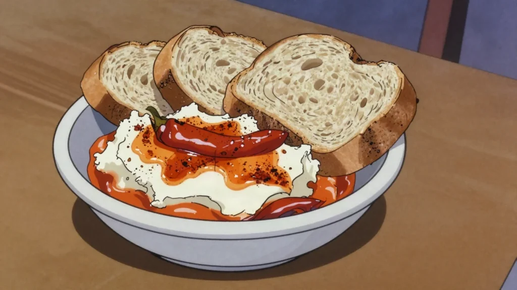 Urnebes, spicy spread of white cheese and roasted paprika, Serbia salad & side, anime style