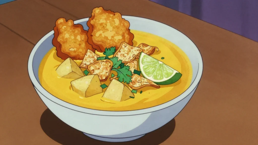Urojo, tangy turmeric-mango soup topped with bhajia, potatoes and chutneys, Tanzania soup & stew, anime style