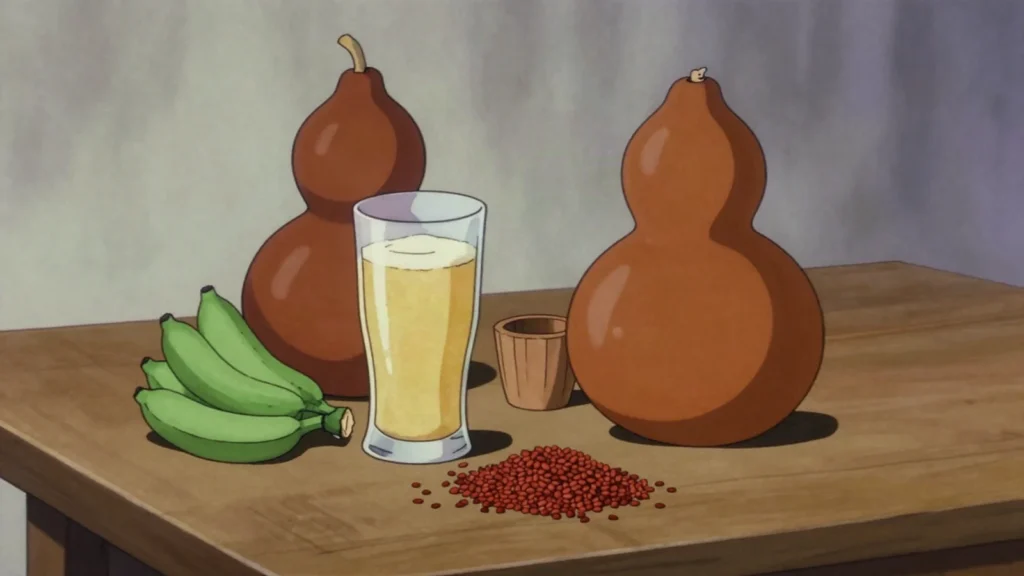 Urwagwa, traditional banana beer fermented with roasted sorghum, Rwanda wine & spirit, anime style