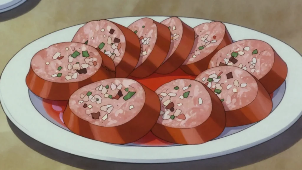 Usban, casings stuffed with rice, herbs and offal, steamed or simmered; festive dish, Libya main, anime style