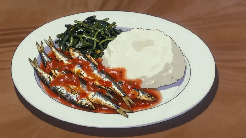 Usipa, tiny lake sardines sun-dried or fried, served with nsima, Malawi main, anime style