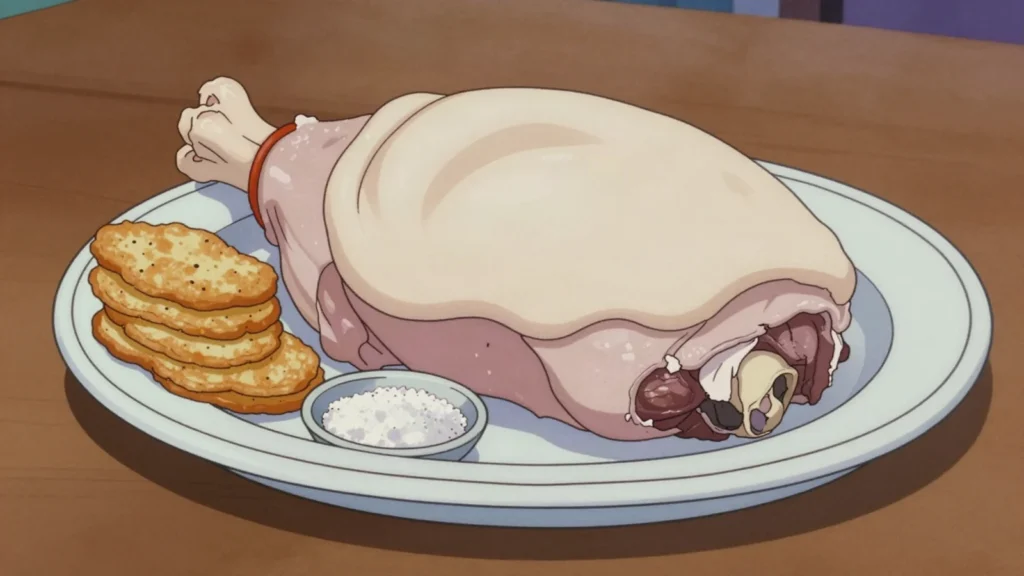 Uuts, whole boiled sheep rump and tail presented fat side up at New Year feasts, Mongolia main, anime style