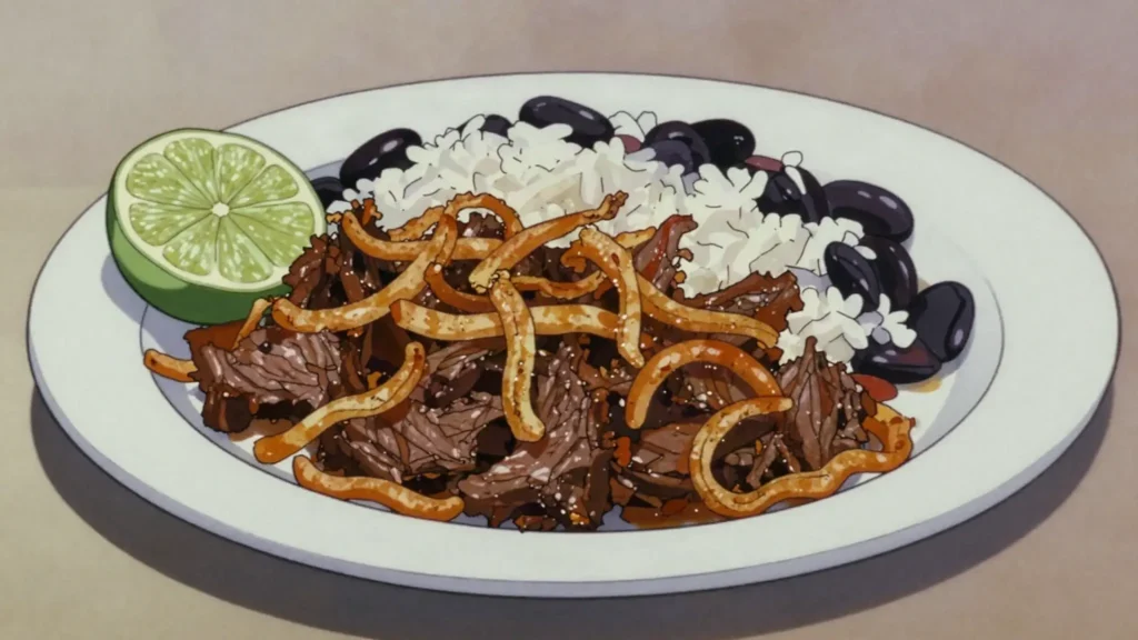 Vaca frita, crisped shredded beef with lime and onions, Cuba main, anime style
