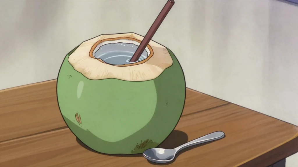 Vai Niu, water from a young coconut, drunk straight from the shell, Samoa drink, anime style