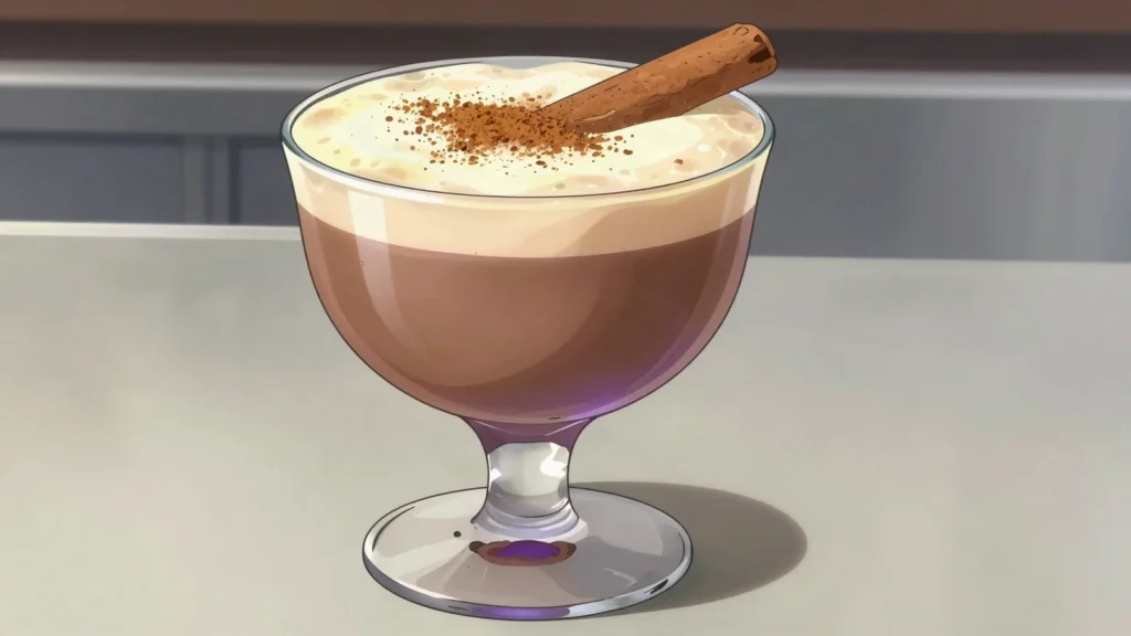 Vaina, sweet wine or port shaken with cacao, egg yolk and cinnamon, Chile cocktail, anime style