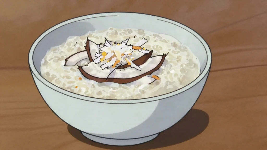Vaisalo, thick coconut porridge with young coconut flesh and starch; served warm, Samoa dessert, anime style