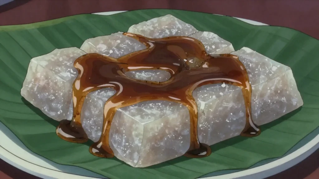 Vakalolo, sticky grated cassava pudding with coconut caramel, wrapped in leaves, Fiji dessert, anime style
