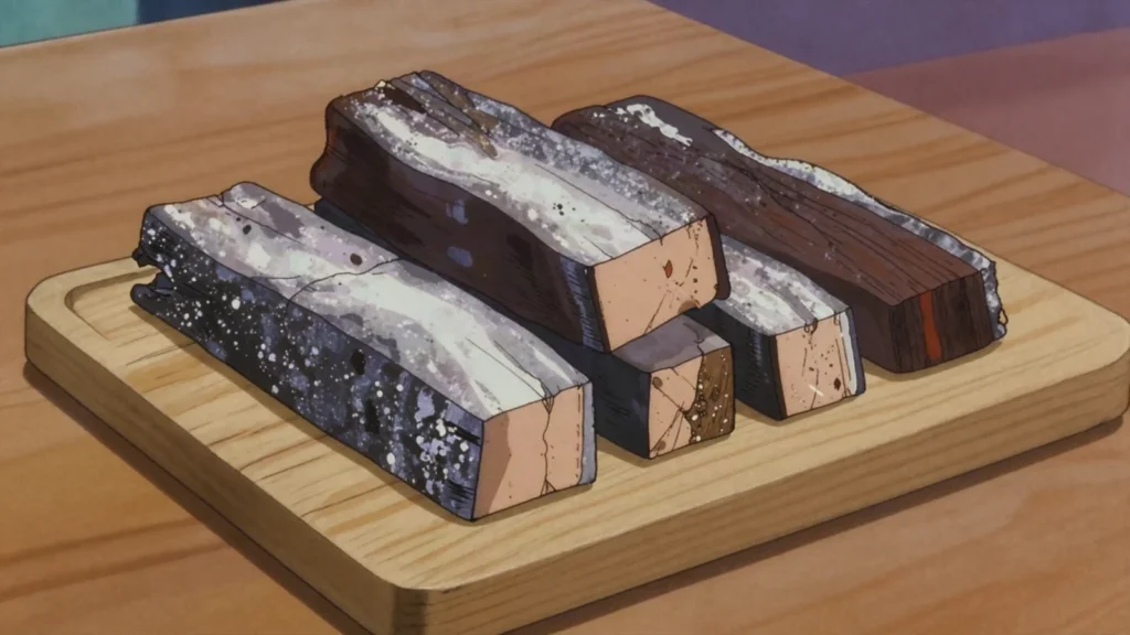 Valhoamas, tuna boiled, smoked and sun-dried into hard blocks that keep for months, Maldives charcuterie & cured, anime style