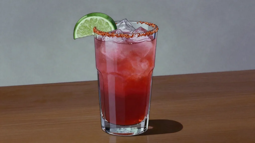 Vampiro, tequila lengthened with spiced tomato sangrita and grapefruit soda, chile-salt rim, Mexico cocktail, anime style