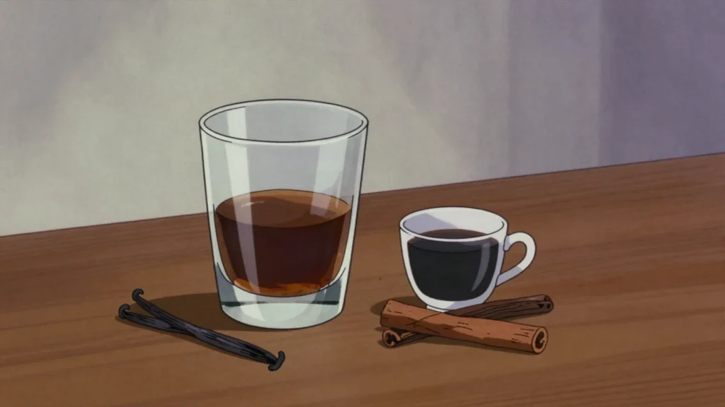Vana Tallinn, sweet dark rum liqueur with citrus and vanilla, poured into coffee, Estonia wine & spirit, anime style