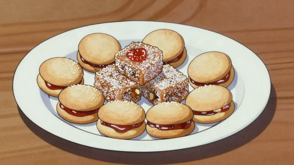 Vanilice, little vanilla-walnut cookies sandwiched with jam, Serbia dessert, anime style