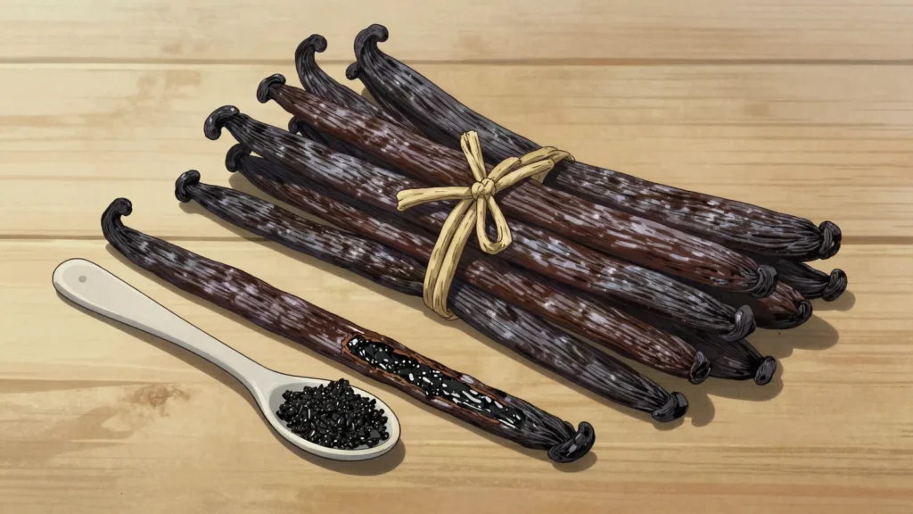 Vanille des Comores, hand-pollinated cured vanilla pods, a mainstay of the island, Comoros sauce & condiment, anime style
