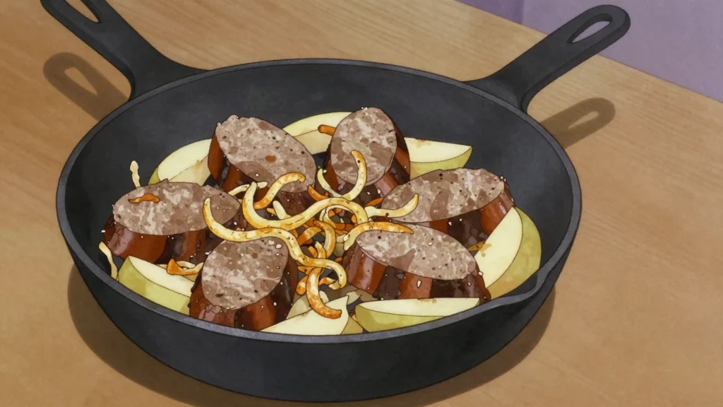 Vantrabianka, liver and buckwheat sausage, boiled then fried in slices, Belarus charcuterie & cured, anime style