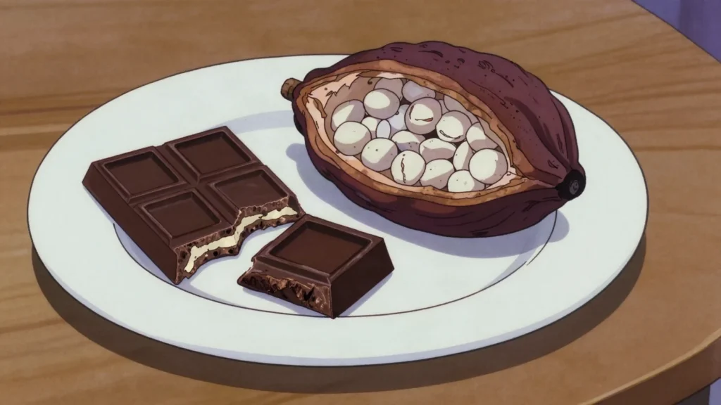 Vanuatu Chocolate, dark single-origin bars made from island-grown cocoa, often smoke-dried, Vanuatu snack, anime style