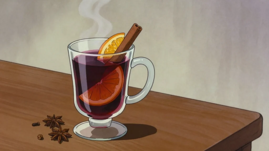 Varené víno, mulled red wine with cloves and citrus at Christmas markets, Slovakia cocktail, anime style