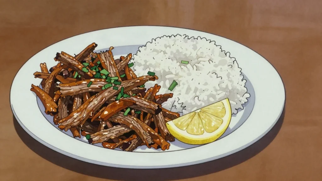 Varenga, zebu beef boiled then shredded and browned in its own fat until crisp, Madagascar main, anime style