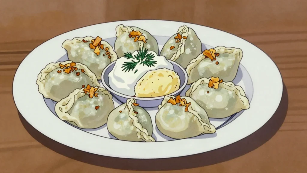 Varenyky, boiled dumplings with potato, cheese or cherries; fried onions, smetana, Ukraine main, anime style