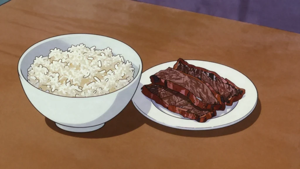 Vary sosoa, loose rice porridge eaten at dawn with kitoza or dried fish, Madagascar breakfast, anime style