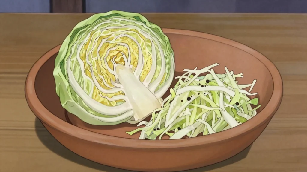 Varza murata, whole cabbage soured in brine, its leaves rolled into sarmale, Moldova fermented & pickled, anime style