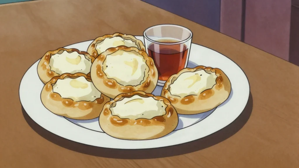 Vatrushka, round bun with a well of sweetened tvorog curd in the centre, Russia bread & pastry, anime style
