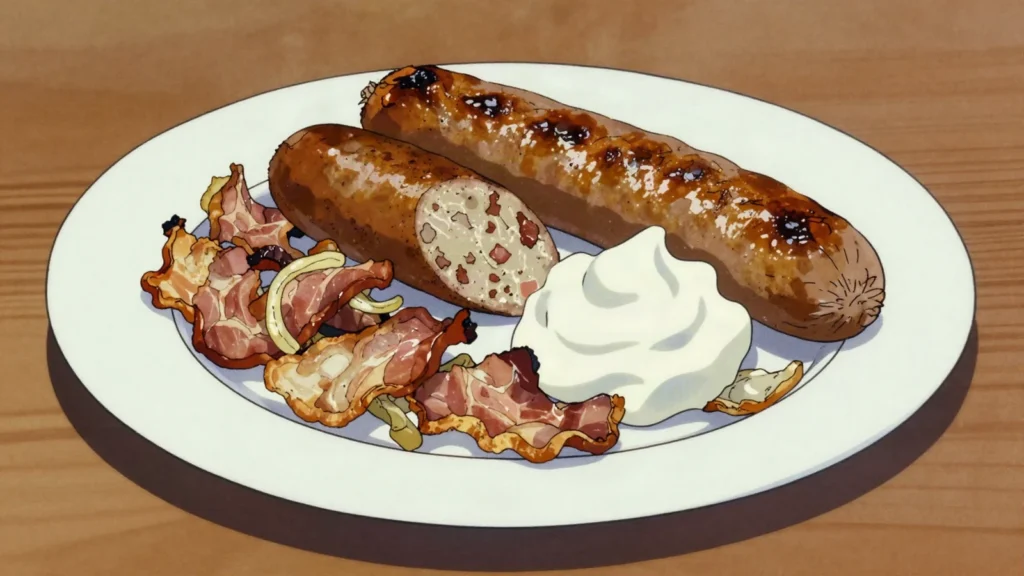 Vėdarai, potato sausage: intestines stuffed with grated potato, baked, Lithuania main, anime style