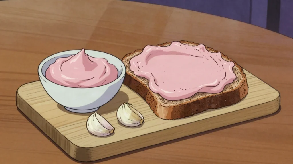 Verhackert, finely chopped cured bacon and fat spread thickly on bread, Austria charcuterie & cured, anime style
